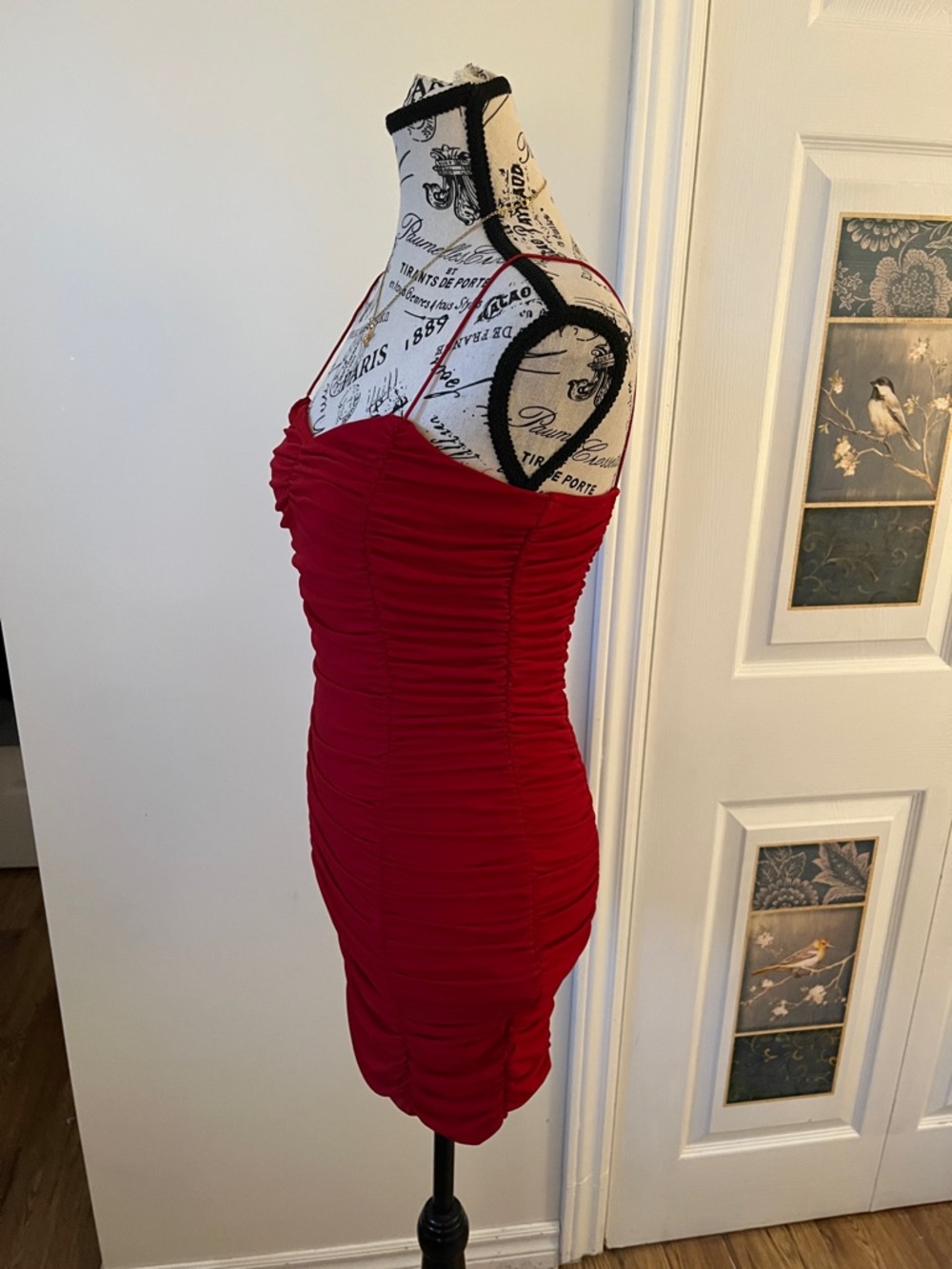 😃Revamped Red Ruched Spaghetti Strap Mini Dress - Picture 4 of 8